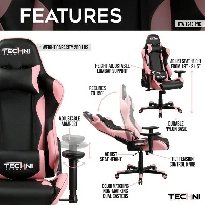 Ergonomic High Back Racer Style PC Gaming Chair Pink - Techni Sport 5 Ergonomic High Back Racer Style PC Gaming Chair Pink - Techni Sport - Image 3