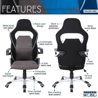 Ergonomic Upholstered Racing Style Home & Office Chair Gray/Black - Techni Mobili 7 Ergonomic Upholstered Racing Style Home & Office Chair Gray/Black - Techni Mobili - Image 5