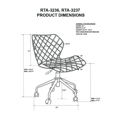 Deluxe Modern Height Adjustable Office Armless Task Chair- Gray- Techni Mobili 6 Deluxe Modern Height Adjustable Office Armless Task Chair- Gray- Techni Mobili - Image 4