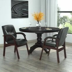 Executive Leather Guest Chair with Mahogany Finished Wood Black - Boss Office Products