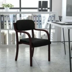 Flash Furniture Contemporary Wood Side Reception Chair with Arms and Black Fabric Seat