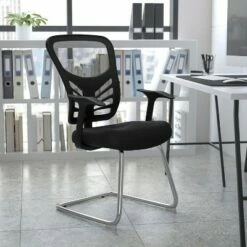 Flash Furniture Black Mesh Side Reception Chair with Chrome Sled Base