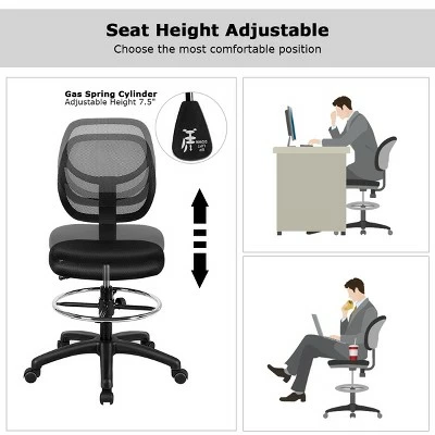Costway Mesh Drafting Chair Mid Back Office Chair Adjustable Height w/Footrest Armless 10 Costway Mesh Drafting Chair Mid Back Office Chair Adjustable Height w/Footrest Armless - Image 8