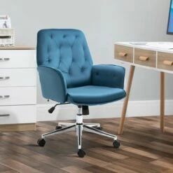 Vinsetto Modern Mid-Back Tufted Velvet Fabric Home Office Task Chair with Arms Swivel Adjustable - Blue