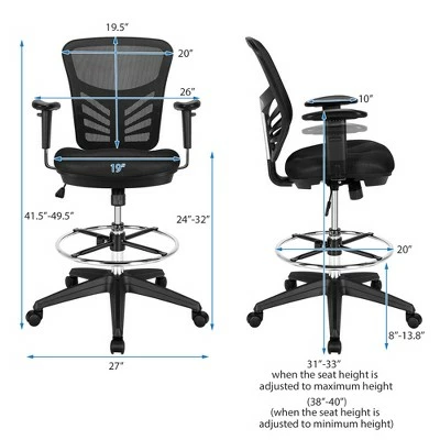 Costway Mesh Drafting Chair Office Chair w/Adjustable Armrests & Foot-Ring Grey 4 Costway Mesh Drafting Chair Office Chair w/Adjustable Armrests & Foot-Ring Grey - Image 2