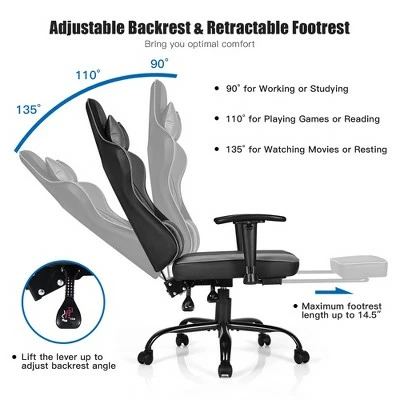 Costway Gaming Chair Racing High Back Office Chair w/ Footrest Black 5 Costway Gaming Chair Racing High Back Office Chair w/ Footrest Black - Image 3