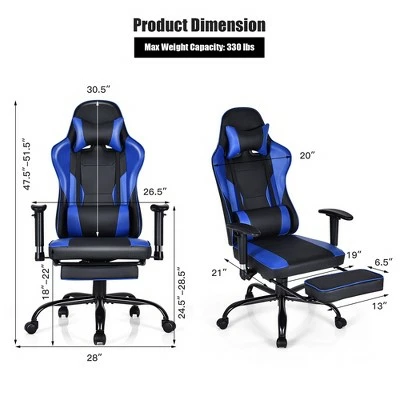 Costway Gaming Chair Racing High Back Office Chair w/ Footrest Blue 4 Costway Gaming Chair Racing High Back Office Chair w/ Footrest Blue - Image 2