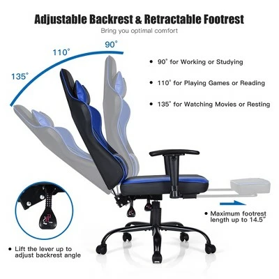 Costway Gaming Chair Racing High Back Office Chair w/ Footrest Blue 5 Costway Gaming Chair Racing High Back Office Chair w/ Footrest Blue - Image 3