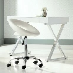 Studio 55D Orbit White Faux Leather Adjustable Rolling Office Stool