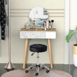 HOMCOM Round Vanity Stool with Height Adjustable Lift Luxury Style Upholstery and Swivel Seat and Wheels