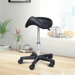HOMCOM Adjustable Hydraulic Rolling Faux Leather Saddle Stool - Black