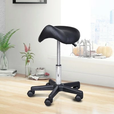 HOMCOM Adjustable Hydraulic Rolling Faux Leather Saddle Stool - Black 3 HOMCOM Adjustable Hydraulic Rolling Faux Leather Saddle Stool - Black