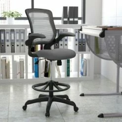 Flash Furniture Mid-Back Mesh Ergonomic Drafting Chair with Adjustable Foot Ring and Flip-Up Arms