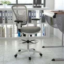 Flash Furniture Mid-Back Mesh Ergonomic Drafting Chair with Adjustable Chrome Foot Ring, Adjustable Arms