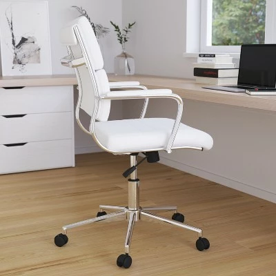 Merrick Lane White Ergonomic Swivel Office Chair Panel Style Mid-Back Faux Leather Computer Desk Chair with Padded Chrome Arms & Base 3 Merrick Lane White Ergonomic Swivel Office Chair Panel Style Mid-Back Faux Leather Computer Desk Chair with Padded Chrome Arms & Base