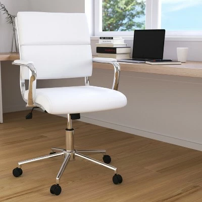 Merrick Lane White Ergonomic Swivel Office Chair Panel Style Mid-Back Faux Leather Computer Desk Chair with Padded Chrome Arms & Base 4 Merrick Lane White Ergonomic Swivel Office Chair Panel Style Mid-Back Faux Leather Computer Desk Chair with Padded Chrome Arms & Base - Image 2