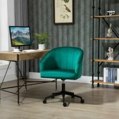HOMCOM Retro Mid-Back Swivel Fabric Computer Desk Chair Height Adjustable with Metal Base Leisure Task Chair on Rolling Wheels for Home Office Green