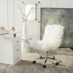 Whitney Faux Sheepskin Chrome Leg Swivel Office Chair - Safavieh White/gold