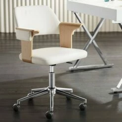 Studio 55D Milano White Fabric and Natural Wood Adjustable Swivel Office Chair